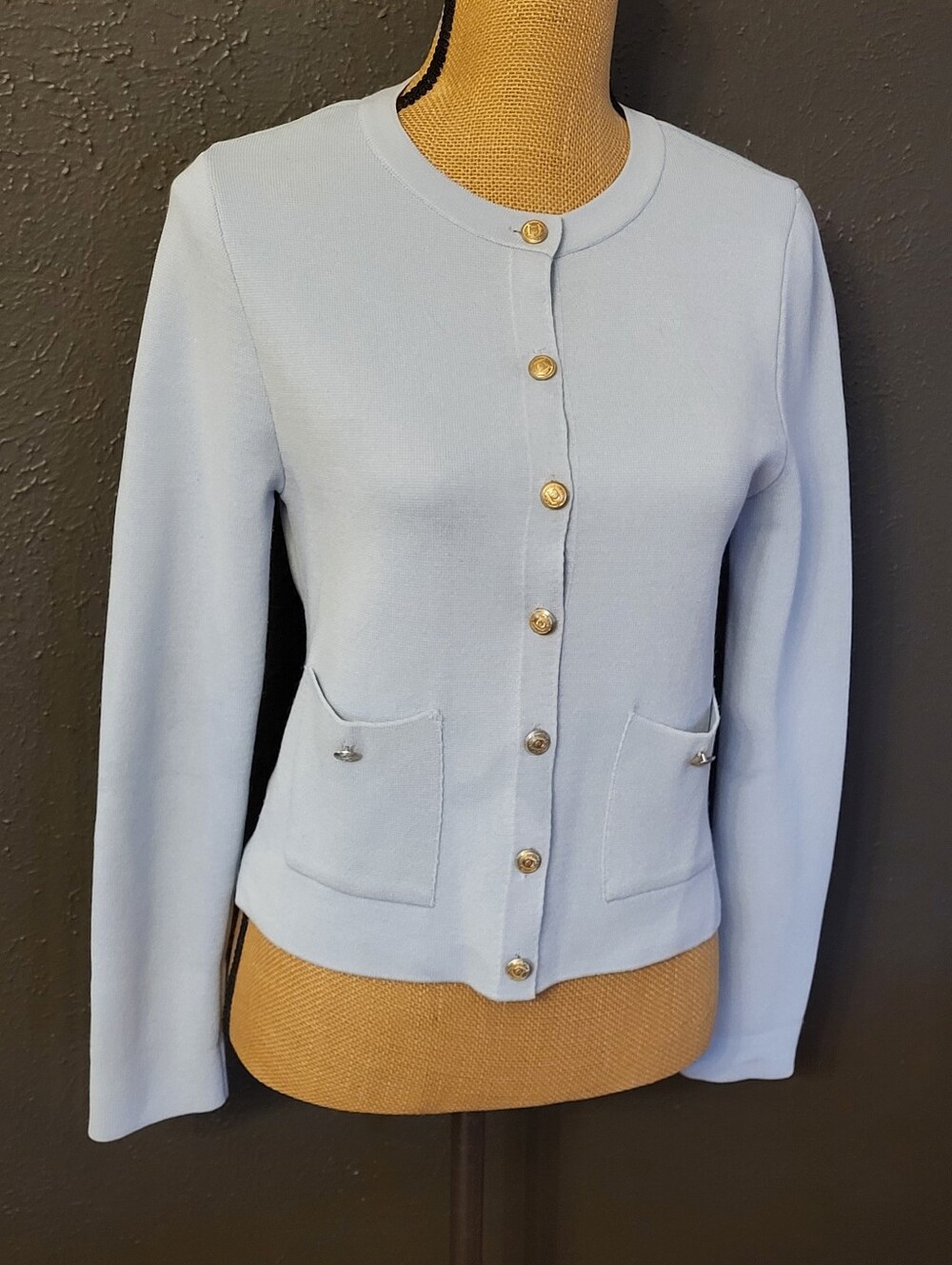 Zara Powder Blue Knit Cardigan Jacket Medium Gold Crest Buttons